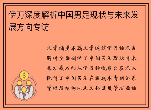 伊万深度解析中国男足现状与未来发展方向专访